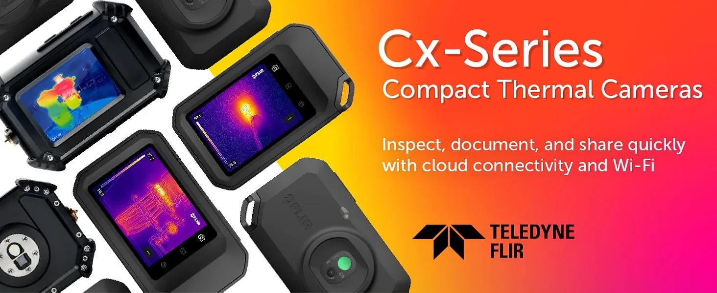 Promotional graphic for FLIR Cx-Series compact thermal cameras showing multiple handheld thermal camera views and thermal screen examples on a bright orange-to-pink gradient background.