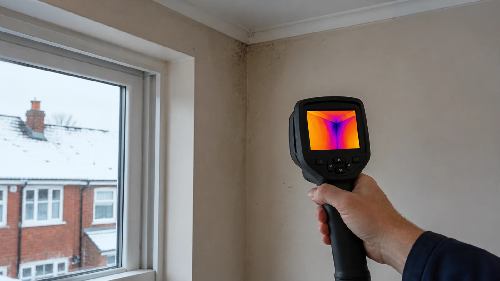 Building surveyor using a compact thermal camera at a cold window reveal in a UK home