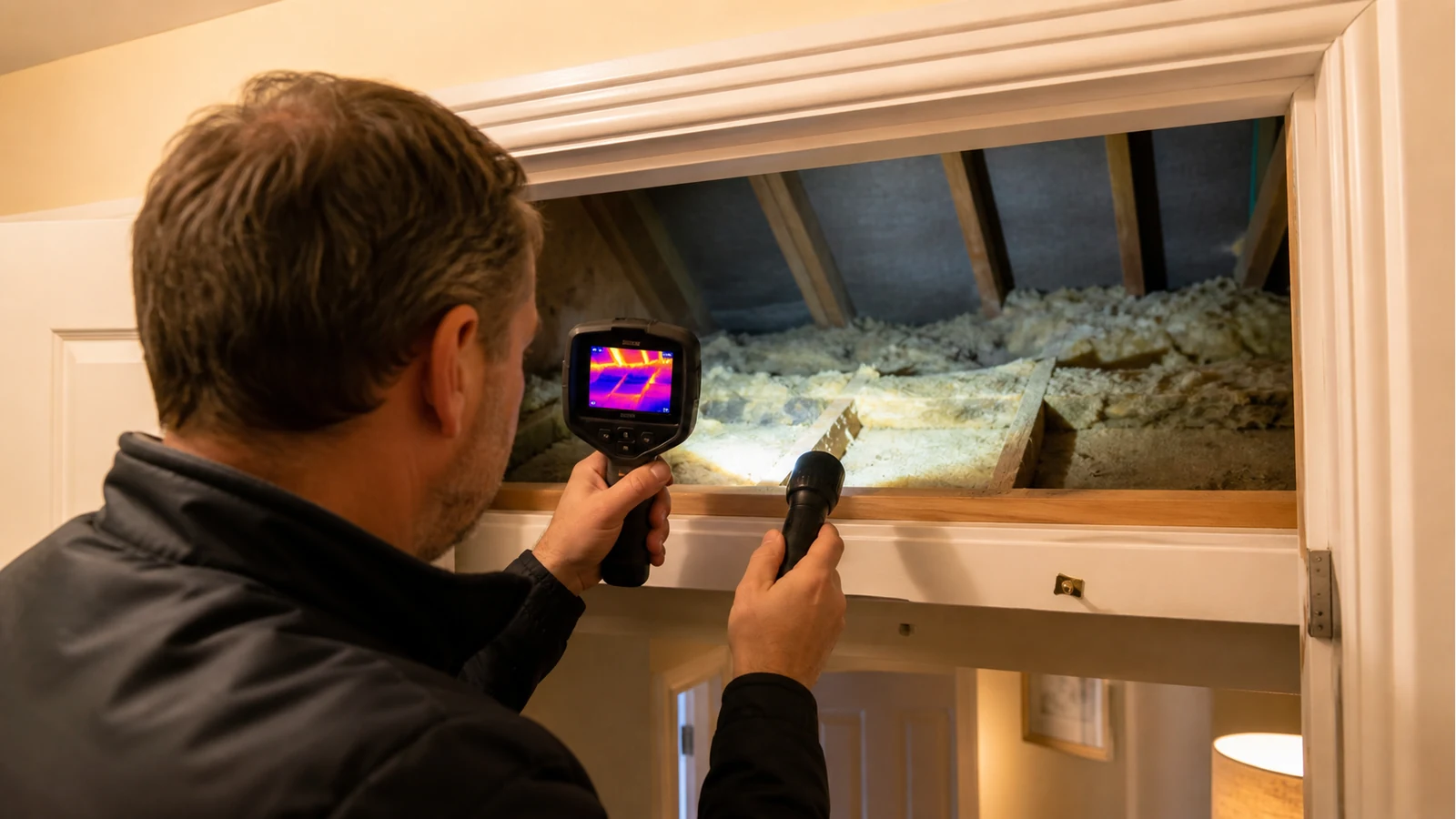 Surveyor preparing a compact thermal camera at a UK loft hatch for an insulation check