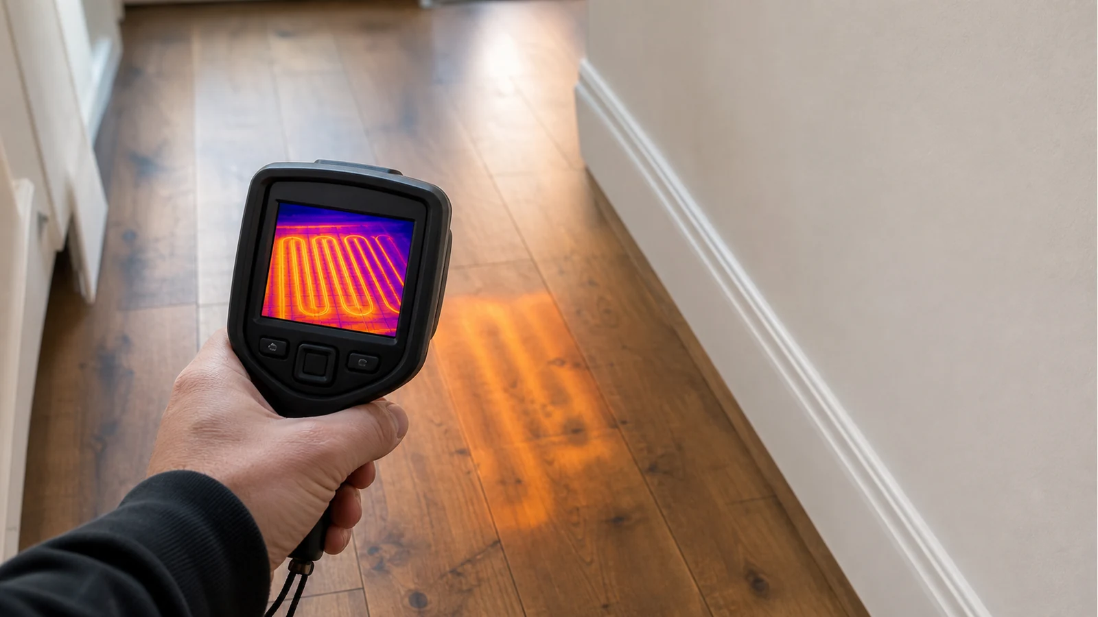 Compact thermal camera scanning a UK timber floor for underfloor heating pipe patterns