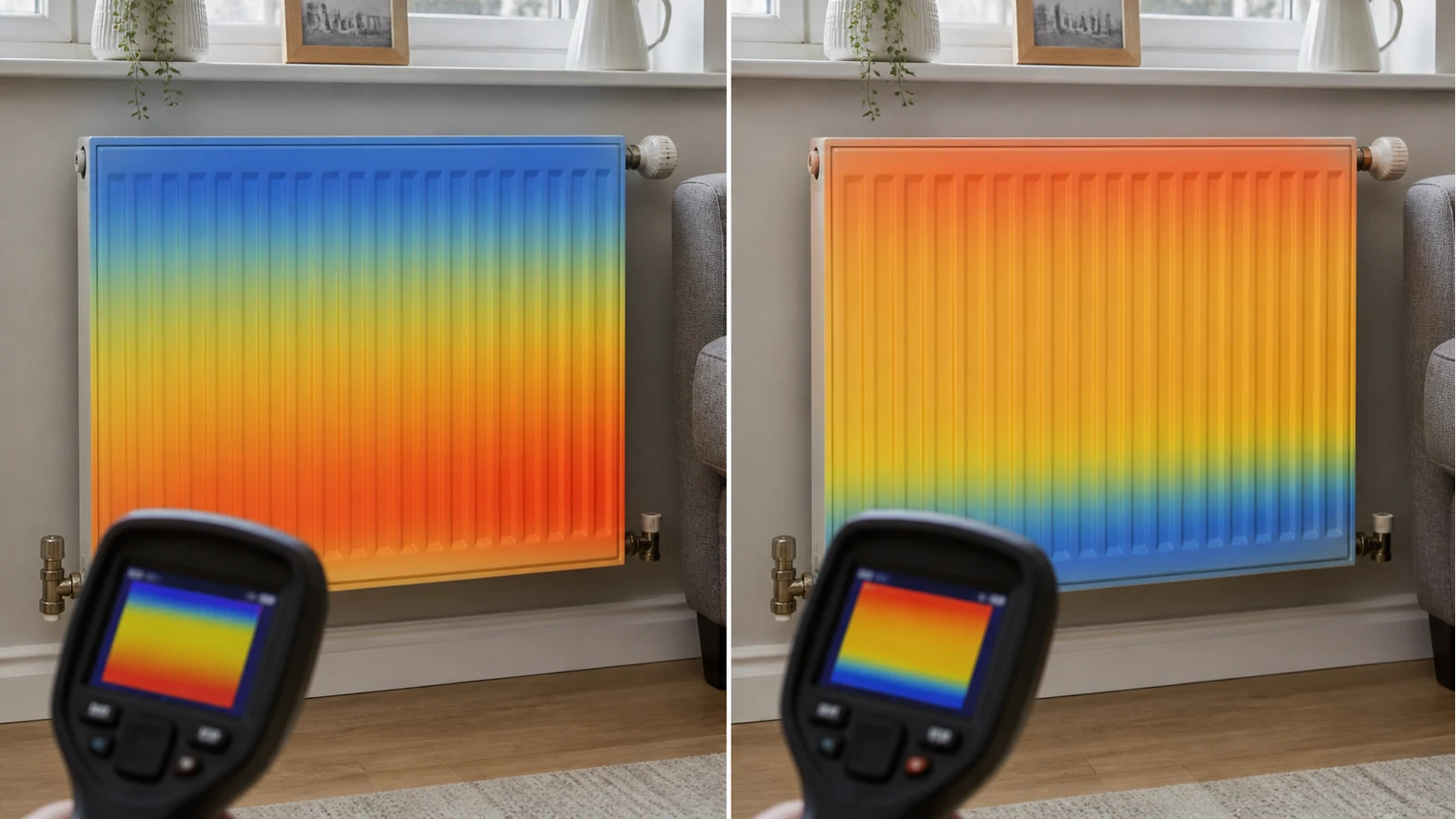 Thermal camera comparing a radiator cold-top air pattern with a cold-bottom sludge pattern