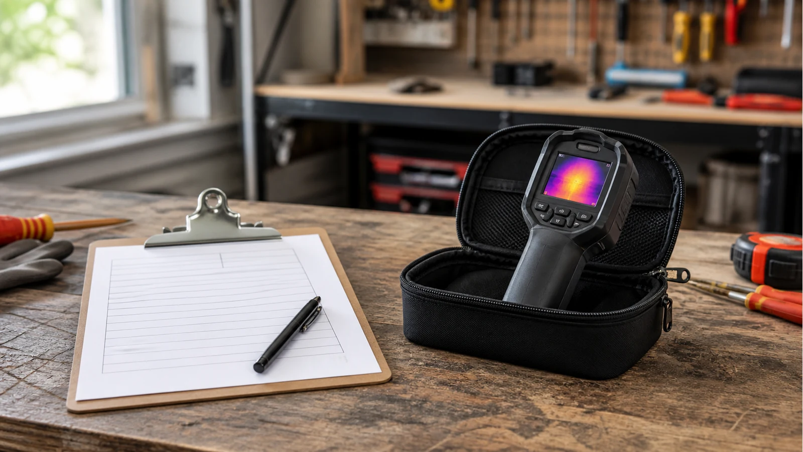 Hire paperwork beside a pocket thermal camera illustrating hire-versus-buy choice for UK trades